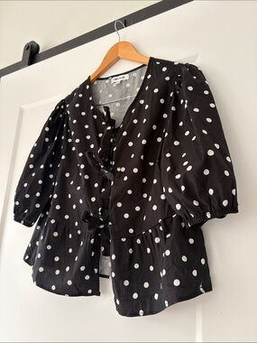 Vigoss Black and White Polka Dot Tie-Front Peplum Blouse